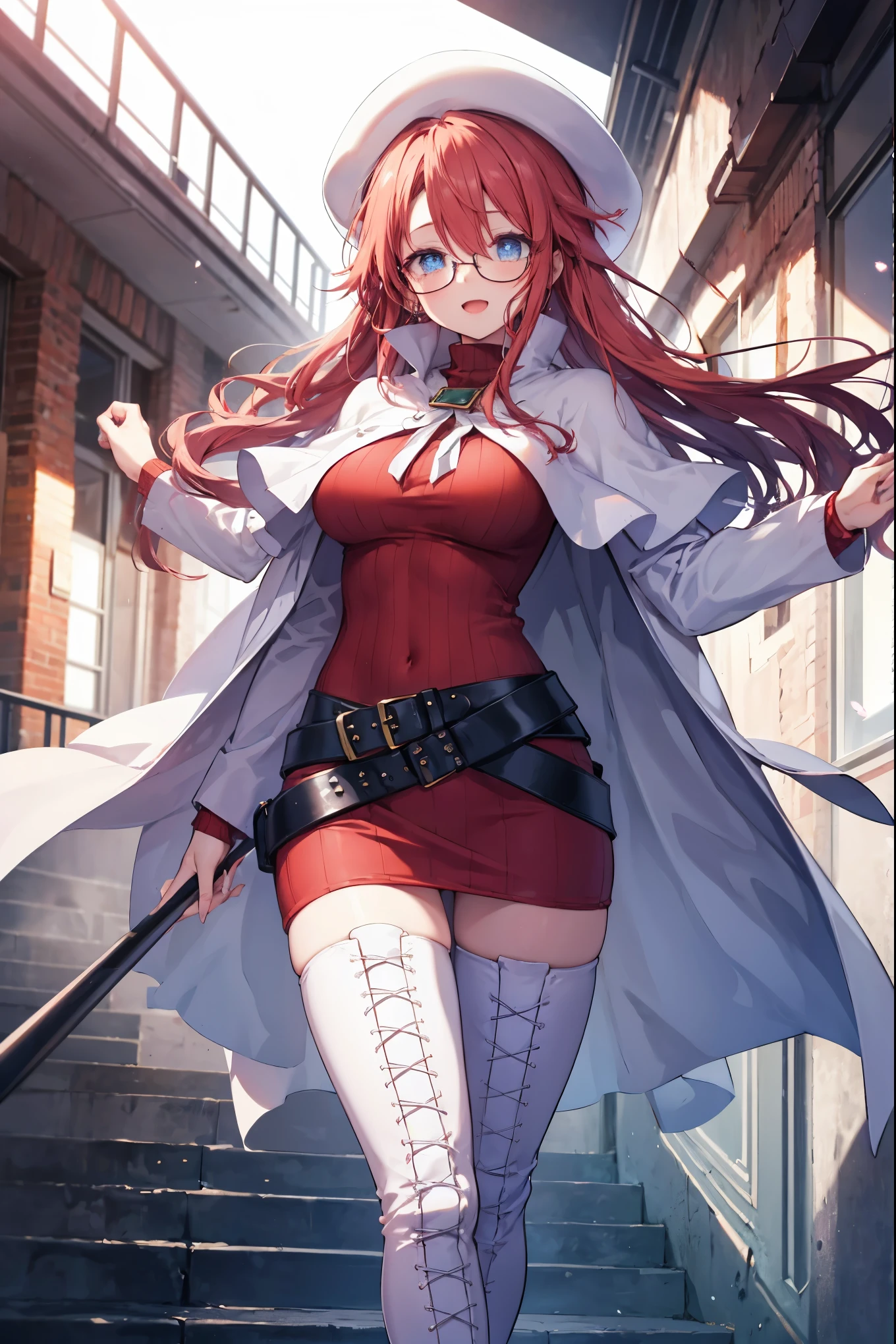 summonnightaty, aty, long hair, blue eyes, red hair, beret, hat, glasses,
BREAK long hair, thighhighs, hat, dress, boots, glasses, belt, cape, sweater, zettai ryouiki, beret, thigh boots, white footwear, ribbed sweater, loose belt,solo,
BREAK outdoors, fantasy,on_a_ship,
BREAK (masterpiece:1.2), best quality, high resolution, unity 8k wallpaper, (illustration:0.8), (beautiful detailed eyes:1.6), extremely detailed face, perfect lighting, extremely detailed CG, (perfect hands, perfect anatomy),covered_nipples,covered_navel,light_smile ,(half_eyes:1.4),sword,armpit,sleepy,dynamic_standing,barrel,red_sweater,apart_legs,magical_effect,pulmp,big_tits,
