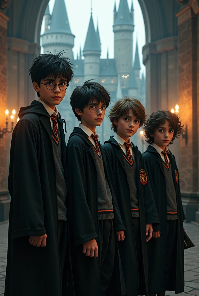 Prompt: A realistic movie scene featuring Harry Potter characters Ron, Hermione, Harry, Draco, and others, with female students wearing Pakistani hijabs and male students in traditional white Islamic clothing, equal number of male and female students, highly detailed, cinematic lighting, rich colors, magical atmosphere, inspired by J.K. Rowling's wizarding world, 4k resolution, artstation quality, 16:9 ratio
Negative prompt: cartoonish, poorly drawn faces, out of frame, low quality, bad anatomy, blurry, unnatural poses, ugly clothing, low contrast.