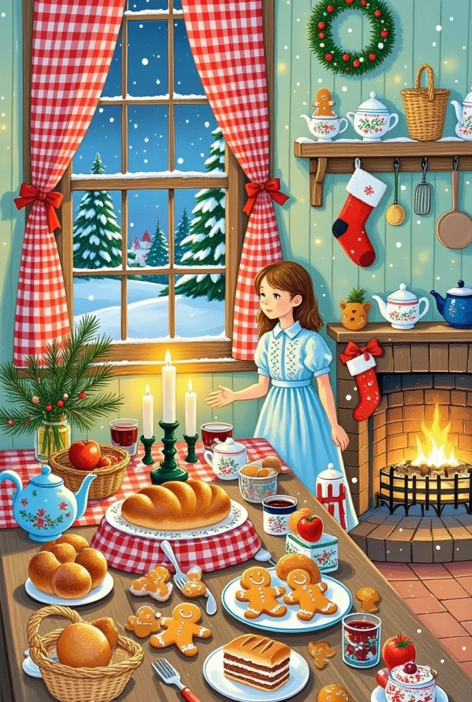 Christmas illustration ，window，table，bread，cake，Candle，glass，Christmas tree，curtain，sock，kitchen，Gingerbread Man， apples，girl，fireplace，