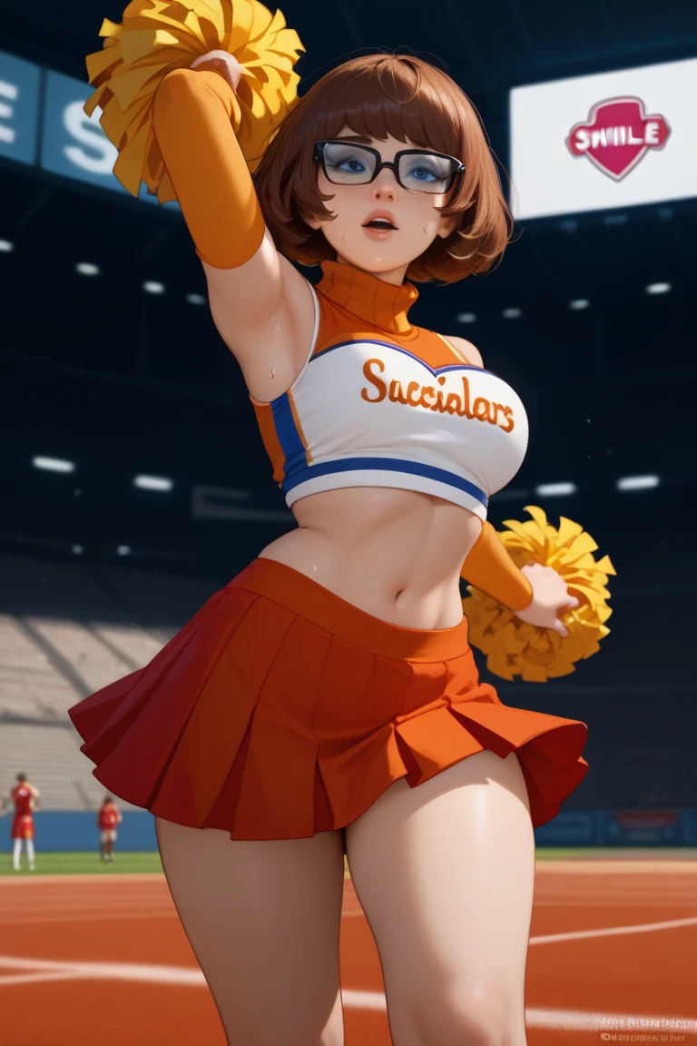 Sexy girl  velma dinkley mini skrit sexy stocking cheerleaders wearing uniform nama "aicouborg" outfit  atraction seductive sweating  at basket stadium smille