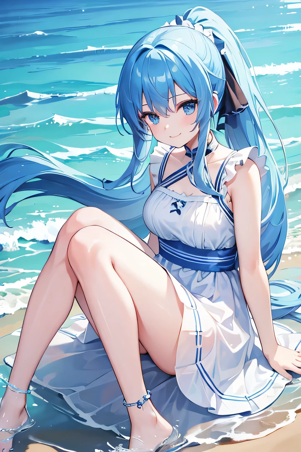 a girl , blue hair , long hair,Ponytail, blue eyes, Wearing a White Dress ,At the seaside,Smile