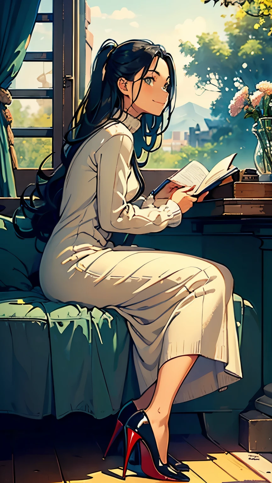 ((masterpiece, high resolution, better quality, better details)), ((Smiling)), ((one girl)) a girl speaking on the phone at a desk, full body, wearing a button-up blouse and wide-leg trousers, ((Louboutin high heels)), visible high heels, green eyes, ((black hair, long hair)), shiny skin, ((behind view)), solo, from behind, full body, focus full body, business casual, surrounded by office supplies