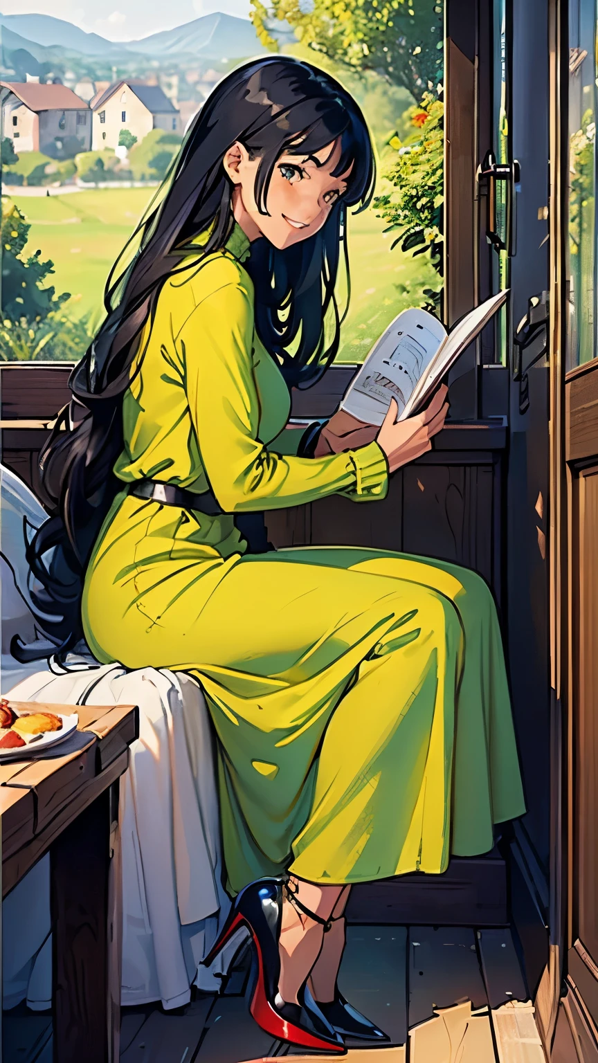 ((masterpiece, high resolution, better quality, better details)), ((Smiling)), ((one girl)) a girl speaking on the phone at a desk, full body, wearing a button-up blouse and wide-leg trousers, ((Louboutin high heels)), visible high heels, green eyes, ((black hair, long hair)), shiny skin, ((behind view)), solo, from behind, full body, focus full body, business casual, surrounded by office supplies