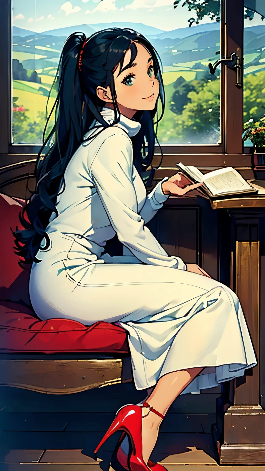 ((masterpiece, high resolution, better quality, better details)), ((Smiling)), ((one girl)) a girl speaking on the phone at a desk, full body, wearing a button-up blouse and wide-leg trousers, ((Louboutin high heels)), visible high heels, green eyes, ((black hair, long hair)), shiny skin, ((behind view)), solo, from behind, full body, focus full body, business casual, surrounded by office supplies