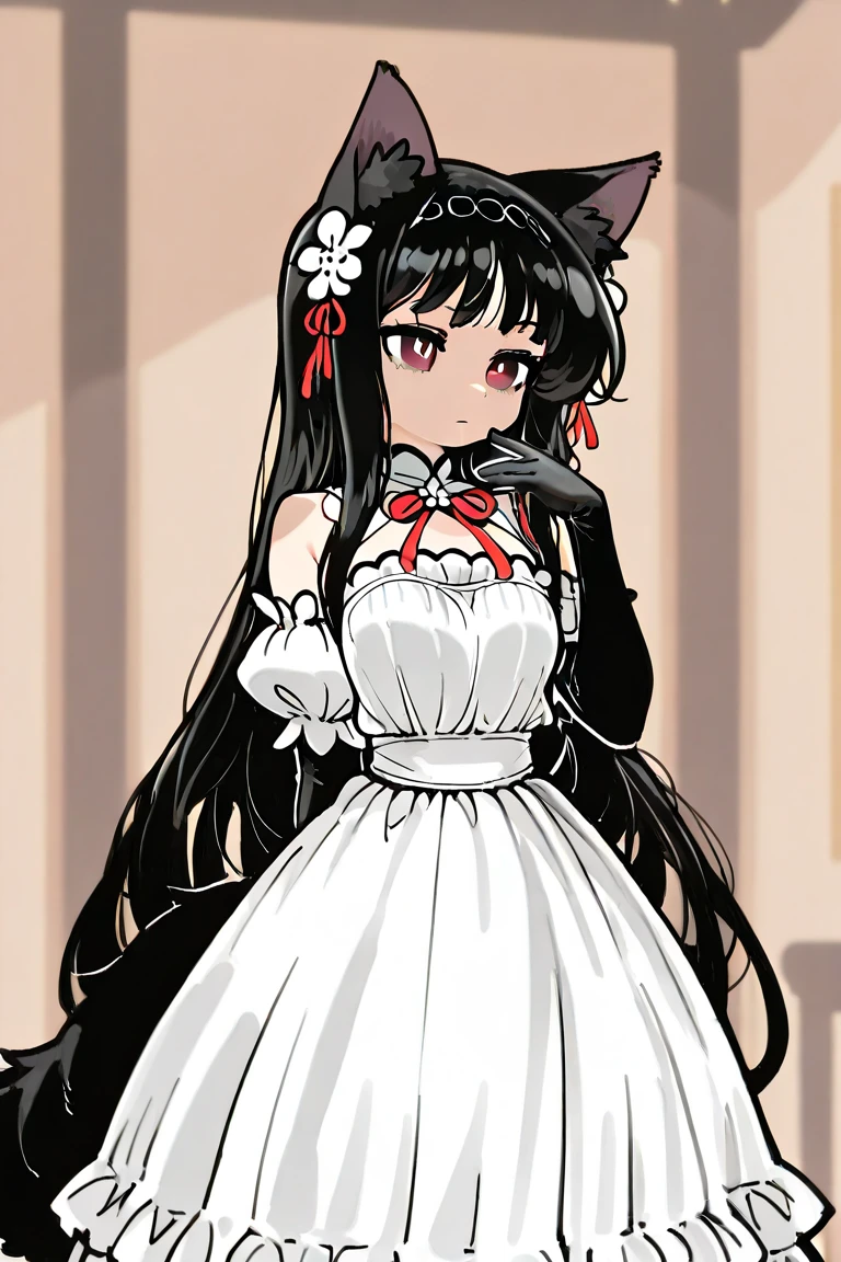 .  Here's a description:
 
Hair: The character has long, straight black hair that falls past her shoulders.  She has cat ears, and red ribbons are tied on either side of her head, near the ears.  The hair is styled simply, without any significant layers or styling.
 
Outfit: She wears a black, short-sleeved dress that resembles a maid outfit.  The dress has a simple, slightly flared skirt.  She also wears black gloves that extend to her forearms.  A black headband or hairband is visible under her hair.  The overall impression is a dark and somewhat edgy take on a classic maid outfit.