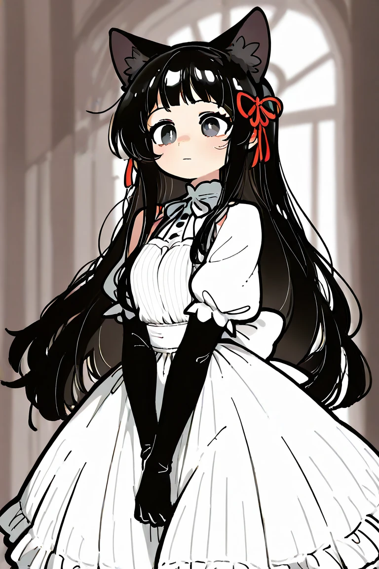 .  Here's a description:
 
Hair: The character has long, straight black hair that falls past her shoulders.  She has cat ears, and red ribbons are tied on either side of her head, near the ears.  The hair is styled simply, without any significant layers or styling.
 
Outfit: She wears a black, short-sleeved dress that resembles a maid outfit.  The dress has a simple, slightly flared skirt.  She also wears black gloves that extend to her forearms.  A black headband or hairband is visible under her hair.  The overall impression is a dark and somewhat edgy take on a classic maid outfit.