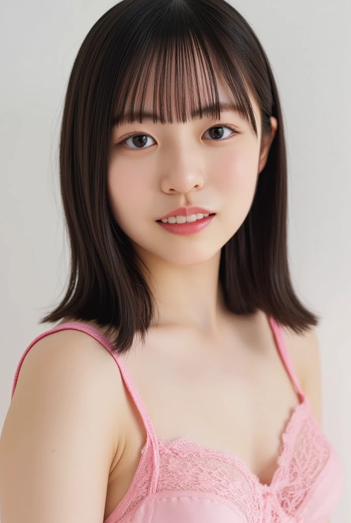 (((top-down configuration:1.4))), (best quality:1.4), (ultra highres:1.2), (photorealistic:1.4), (16k, RAW photo:1.2), (portrait shot:1.3), professional lighting, Japanese goddess, gravure, detailed face and skin texture, detailed eyes, looking at camera, nsfw, beautiful eyes, detailed eyes, beautiful face, detailed face, ((smile:1.3)), (highest quality), glowing skin, (smooth lighting:1.2), (cinema lighting:1.2), (brown long hair), (bangs:1.4), ((pink lingerie:1.3)), (pink bra:1.3), (pink lace bra:1.3), cleavage, ((large breasts:1.5)), navel, (pink lace pantie:1.4), (bare thighs:1.2), bare legs, stand, arms up, (emphasize armpit:1.4), (in the shiny house)