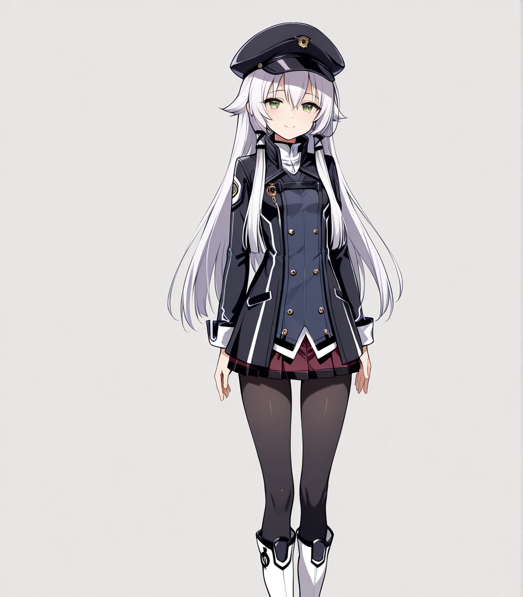 masterpiece, best quality, 1girl, solo, Altina Orion, white hair, long hair, sidelocks, tress ribbon, green eyes, flat chest, black hat, cabbie hat, blue shirt, school uniform, skirt, black pantyhose, white boots, looking at viewer, smile, simple background, white background, front view, standing,