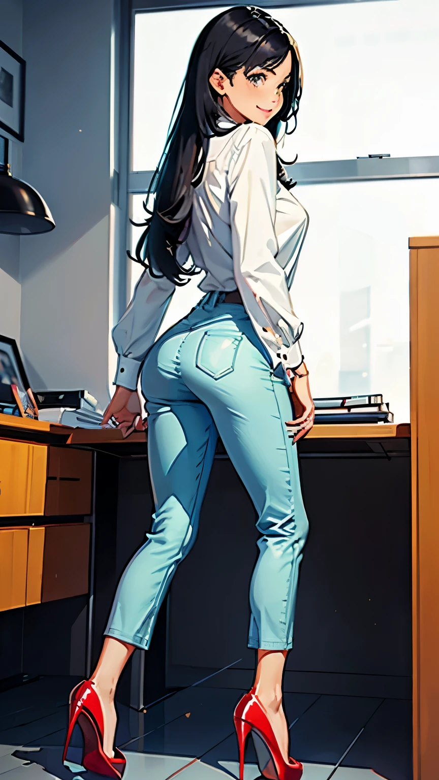 ((masterpiece, high resolution, better quality, better details)), ((Smiling)), ((one girl)) a girl speaking on the phone at a desk, full body, wearing a button-up blouse and wide-leg trousers, ((Louboutin high heels)), visible high heels, green eyes, ((black hair, long hair)), shiny skin, ((behind view)), solo, from behind, full body, focus full body, business casual, surrounded by office supplies