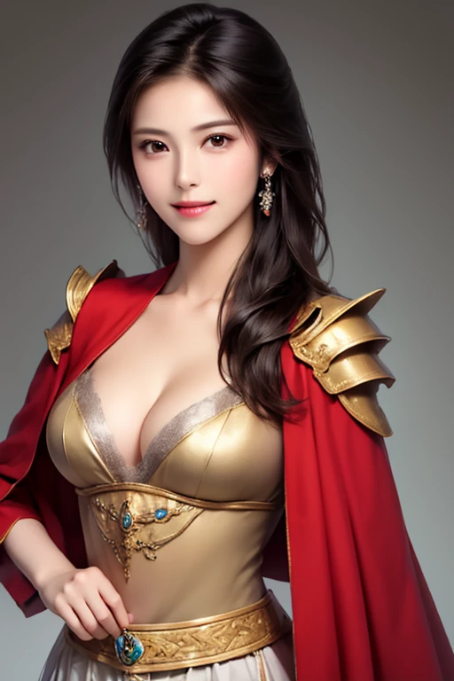 ((The upper body of a female warrior wearing gold and red armor and a cloak:1.4)),1 person,  black hair,  belly shortcut   ,Big breasts and cleavage,  high-definition face and skin texture  ,  staring at the camera,   Chinese Warrior:1.2,  perfect beauty: 1.4, fine grain,  double eyelids in a judo suit ,  whitening for women with bristles, top quality ,  super high res ,  simple background，Symmetrical Normal Eyes   , hair accessories, Slim Waist ,((great general)),