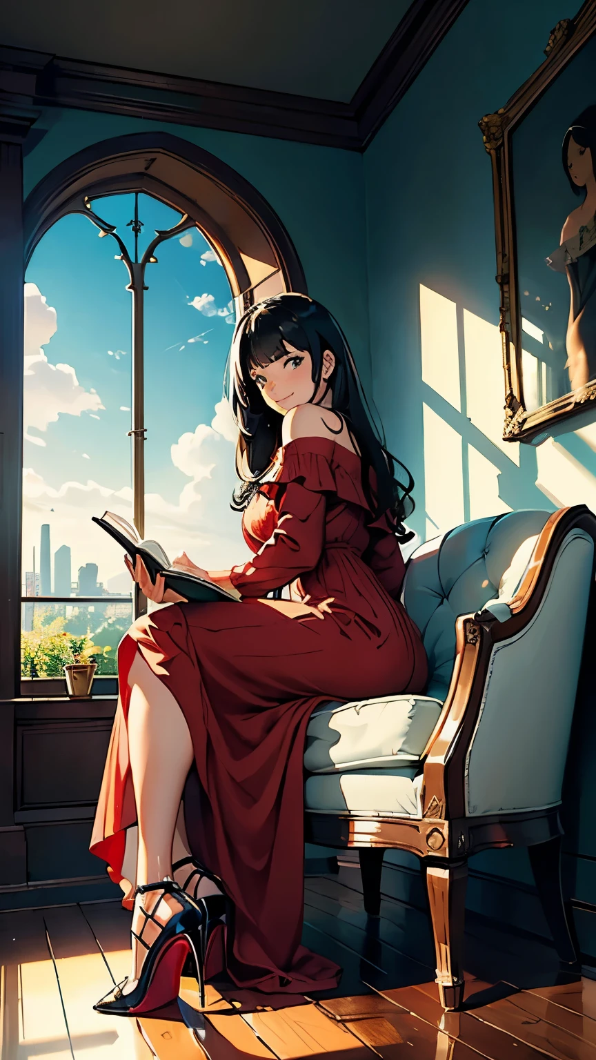 ((masterpiece, high resolution, better quality, better details)), ((Smiling)), ((one girl)) a girl speaking on the phone at a desk, full body, wearing a button-up blouse and wide-leg trousers, ((Louboutin high heels)), visible high heels, green eyes, ((black hair, long hair)), shiny skin, ((behind view)), solo, from behind, full body, focus full body, business casual, surrounded by office supplies