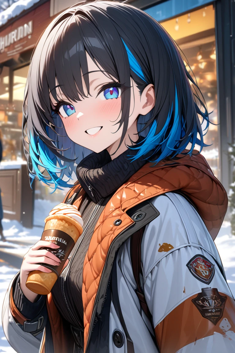  1 girl, alone,  high res,  smiles, masterpiece, accurate, 最high quality,  damaged , High detail ,  detail ,  High Definition Model , quality, high quality,  very detailed,    Ultra Fine,  textured skin ,  retina,  black hair,  colorful hair,  bob hair,  blue eyes, Food, winter, I'm wearing a coat black hair,  black hair,  black hair,  black hair,  black hair,  black hair, 