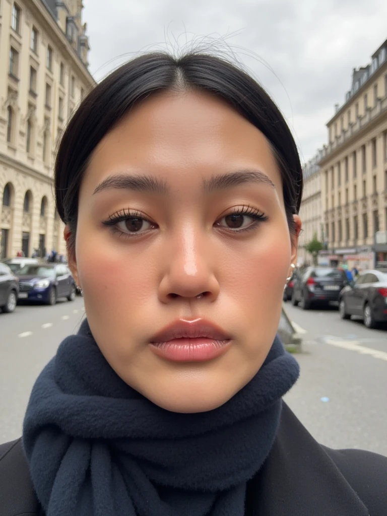 close up photo of face. straight face, front view, perfect alignment on camera. in the streets of berlin in the background. woman looking straight to the camera. pout. shiny lips, textured face, glossy glowing skin, visible pores and skin in lips. blue eyeshadow. neutral expression