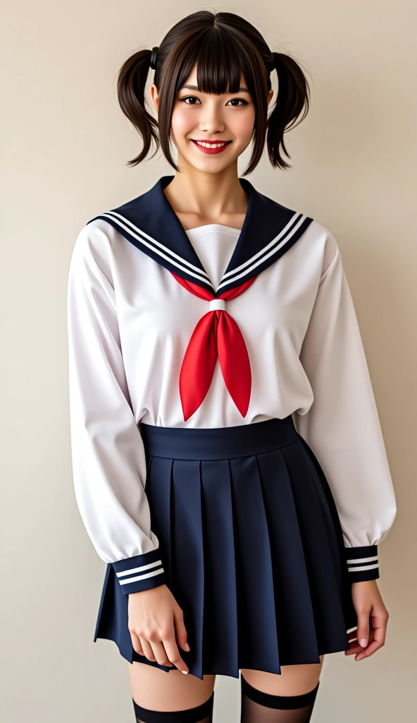 effeminate man in a schoolgirl uniform, full female make up, pigtails, smiling, photo