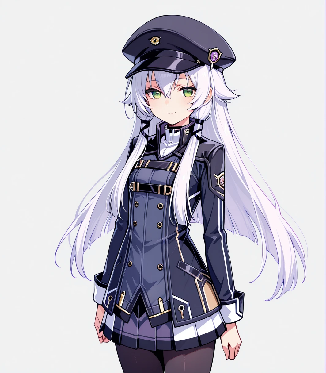 best quality,masterpiece,very aesthetic,absurdres,8k,1girl, solo, Altina Orion, white hair, long hair, sidelocks, tress ribbon, green eyes, flat chest, black hat, cabbie hat, blue shirt, school uniform, skirt, black pantyhose, white boots, looking at viewer, smile, simple background, white background, front view, standing,