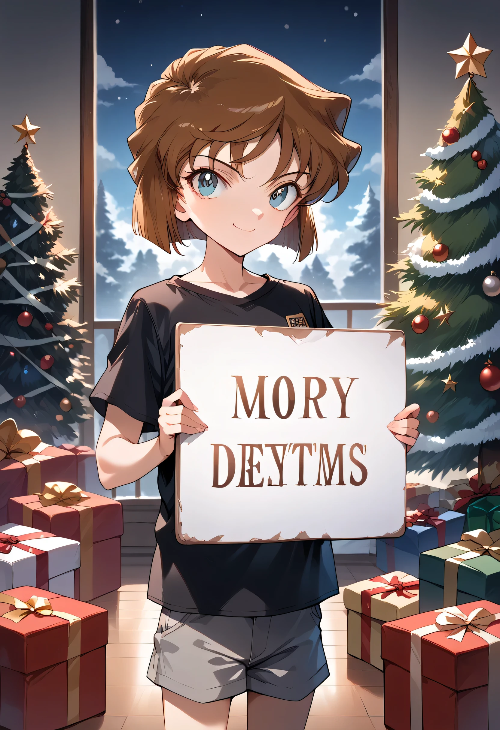 score_9,score_8_up,score_, masterpiece,High resolution,Highest quality,8k,  (holding blank sign), (Detective Conan,ai haibara) (,,Flat Chest,Short,Brown Hair,short hair) (A loose plain black shirt,Grey short hot pants), The best smile,looking at the camera,living, standing in front of a christmas tree,