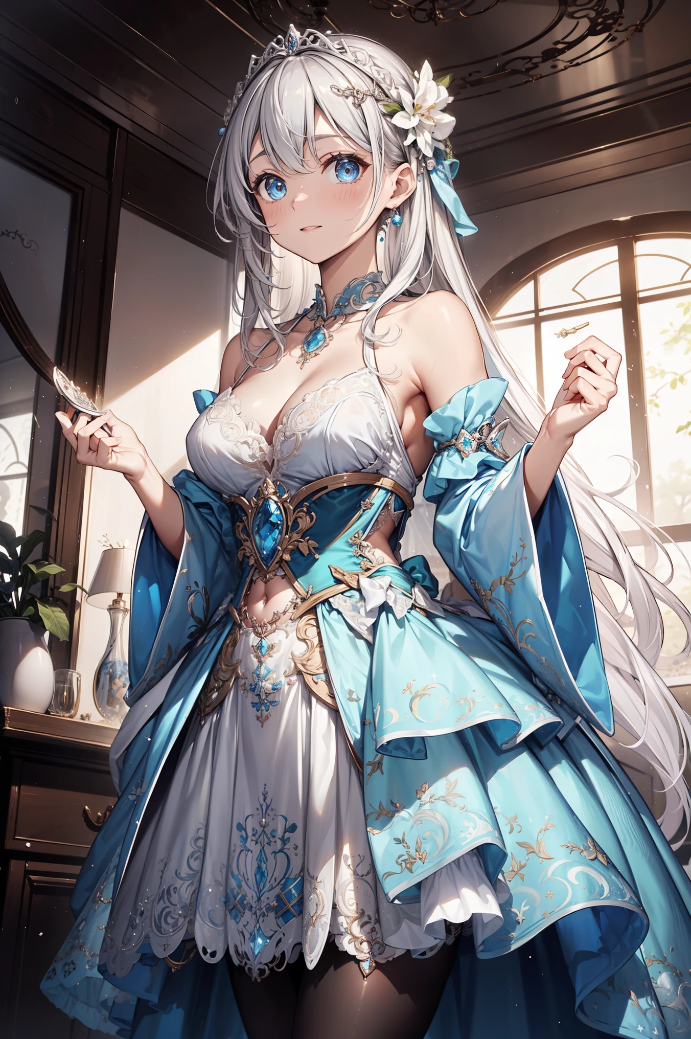 ( Best Quality ,4K,8K, high-resolution ,masterpiece:1.2), extremely detailed,Mature Woman,, magic ,enchanting,joy, Holy Goddess , magic al effect,Silver Hair, blue eyes,Banquet Dress, Delicate Decor,Features of the  magic al costumes of the heavens，少量天蓝色布料, Exquisite Outfits,Layered Skirt,Delicate lace,Delicate ruffles,bedroom, unique ,At night, lace pantyhose ,神圣条纹, Clear Clothes , Jewelry Decoration 