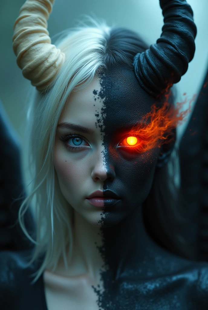 Misty Valley, a close-up of a mysterious female entity, one half of her body and face is beautiful, angelic appearance, blue eyes, white hair, the other half of her body and face is demonic, coal-black skin, red eye and hair are burning with fire, demonic horn, on her back are wings corresponding to each part of the body. Dark atmosphere, cinematic, masterpiece, clear focus.