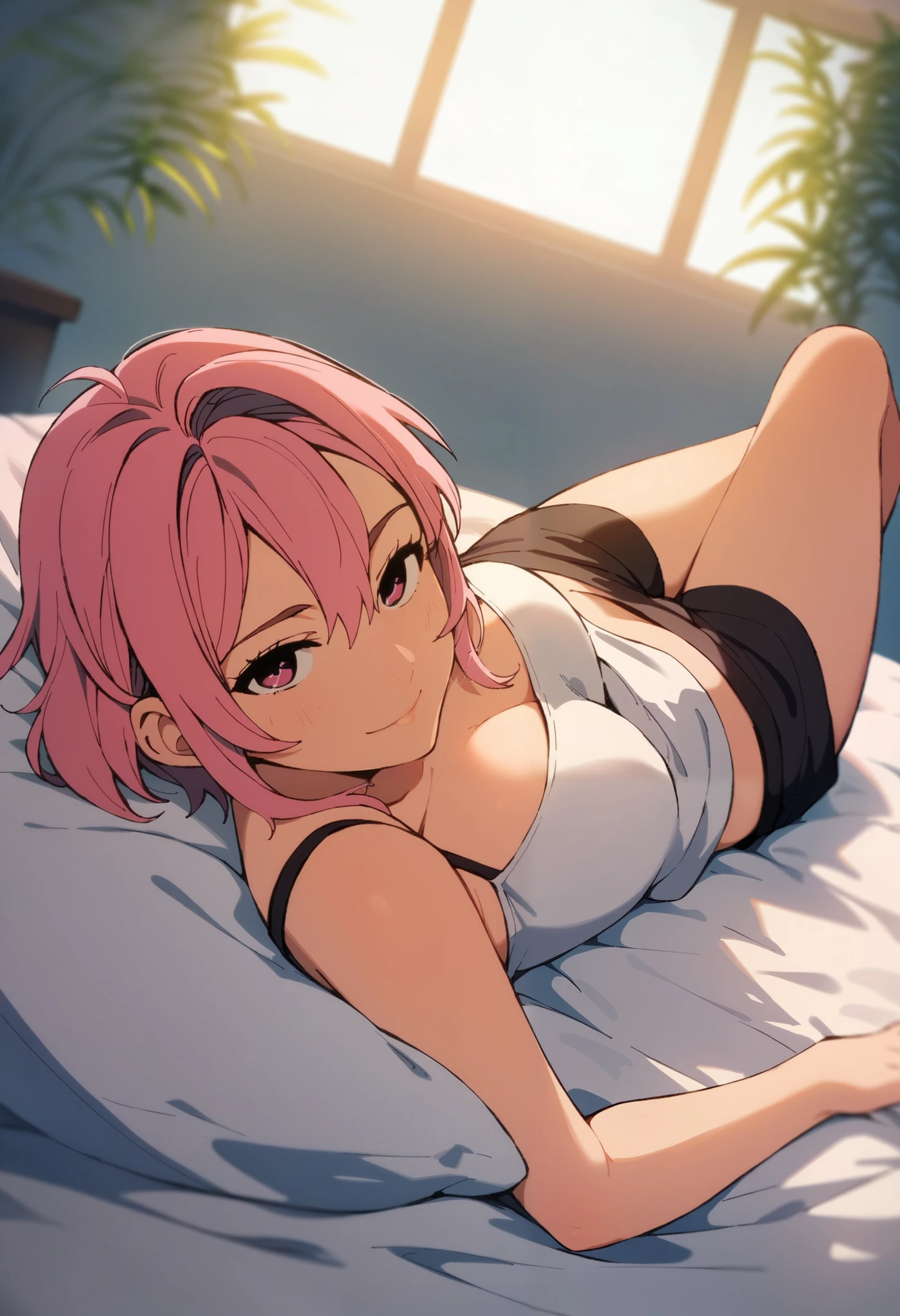 score_9, score_8_up, score_7_up, source_anime, 1girl, solo, looking at viewer, light smile, indoors, aira shiratori, pink hair, short hair, pink eyes, meium breasts, camisole, laying on bed, bedroom,sexy suggestive, shorts,bedroom background, view from above, wallpaper style, 4k wallpaper 