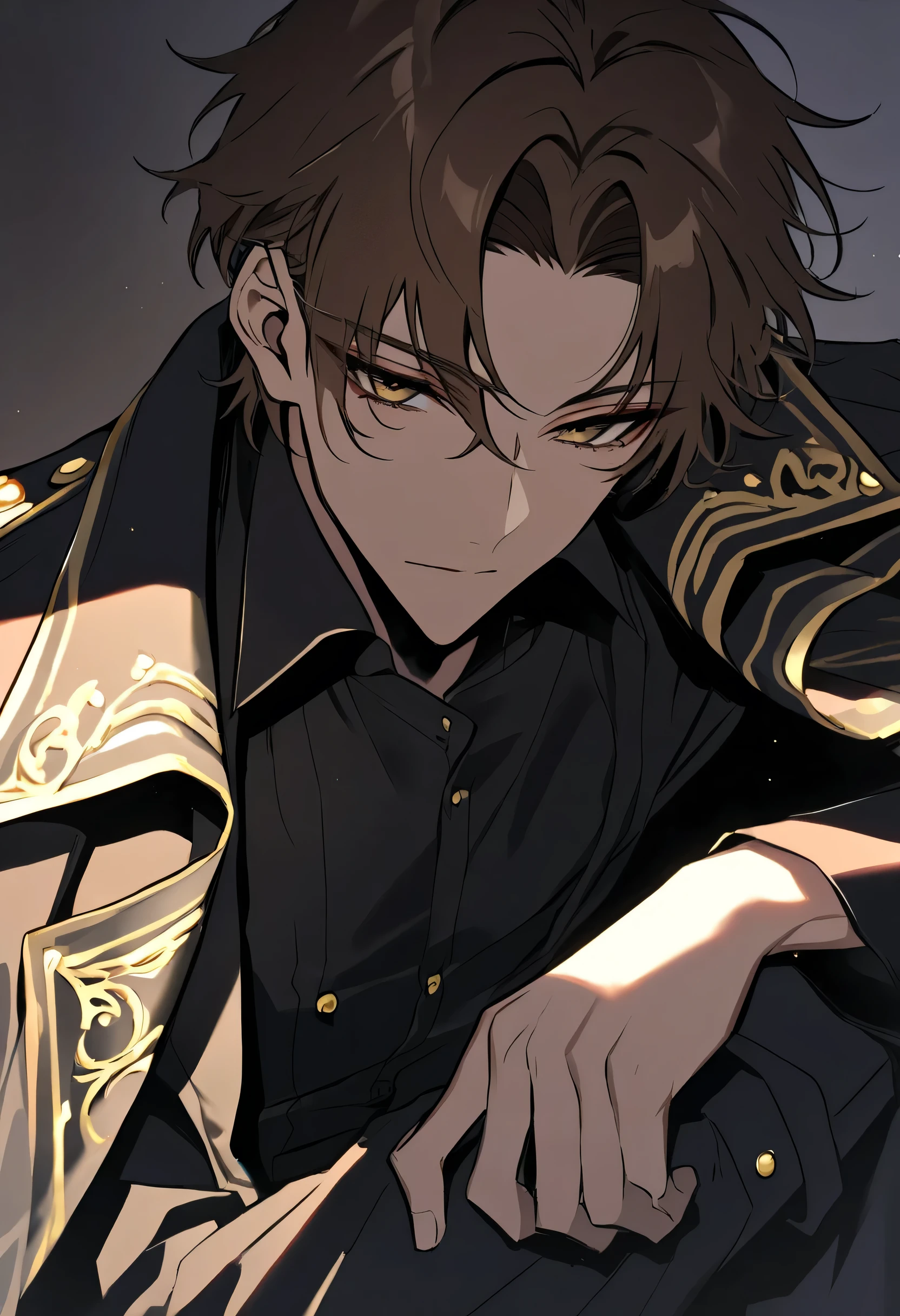 Male + brown hair + hazel eyes + black dress shirt + black dress pants + black trench coat decorated with gold and draped over shoulders + solo