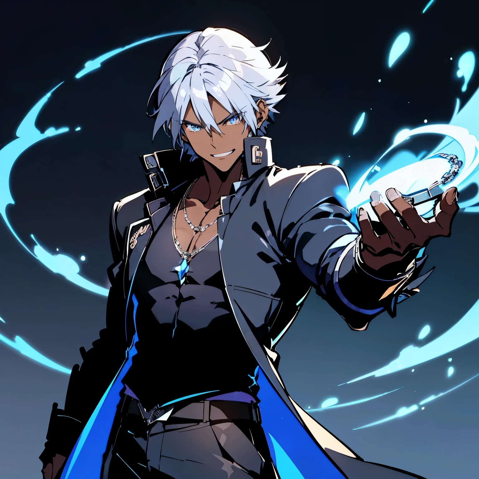 A Dark skinned young anime man, side swept silver hair, fiery light blue eyes, producing blue fire out of his fist, wearing a blue combat trench coat over a black tank top with black slacks and a chain on the hip, steel necklace with a blue dragon pendant around his neck, with sleeves rolled up to his elbows and a cocky smile