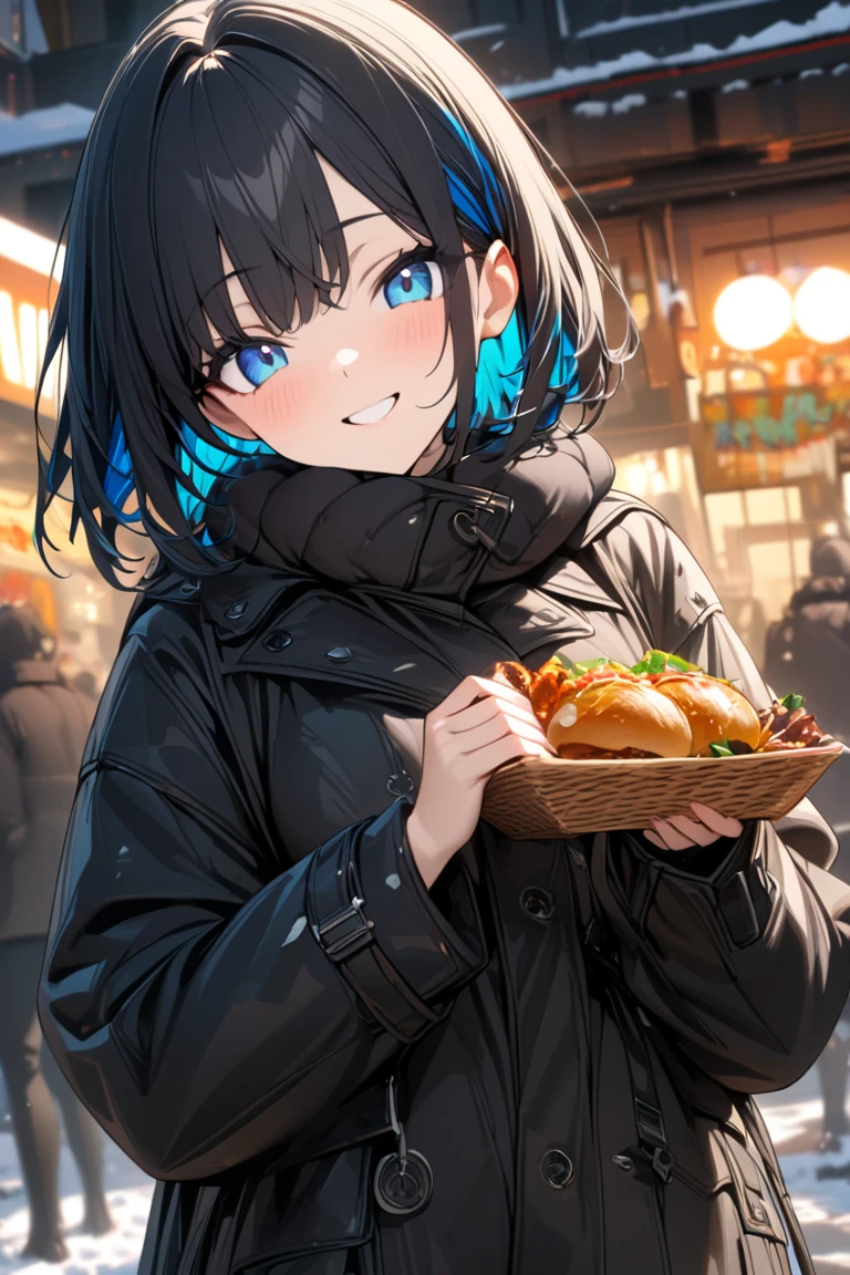  1 girl, alone,  high res,  smiles, masterpiece, accurate, 最high quality,  damaged , High detail ,  detail ,  High Definition Model , quality, high quality,  very detailed,    Ultra Fine,  textured skin ,  retina,  black hair,  colorful hair,  bob hair,  blue eyes, Food, winter, I'm wearing a coat black hair,  black hair,  black hair,  black hair,  black hair,  black hair, 