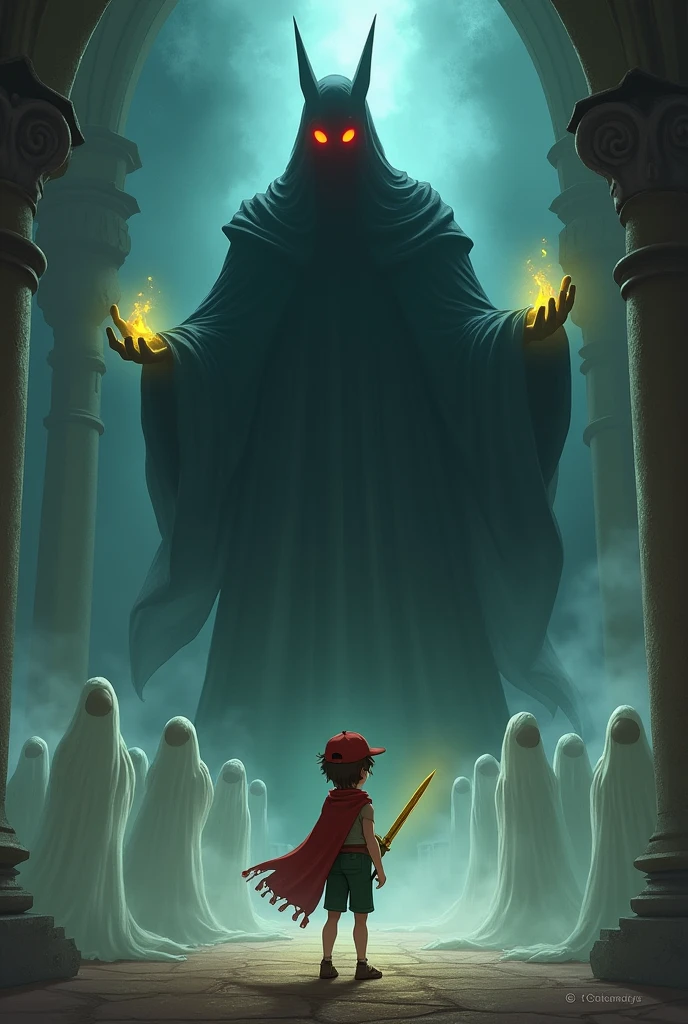 A towering black shadow with glowing red eyes emerges in the center of the court, its form twisting and menacing. The boy, with brown hair, a red cap, a scarf, and green shorts, stands frozen, clutching the golden dagger. The ghostly king raises glowing hands to hold the shadow back, his figure flickering. Ghostly courtiers scatter in panic, their translucent forms fading into the mist.
