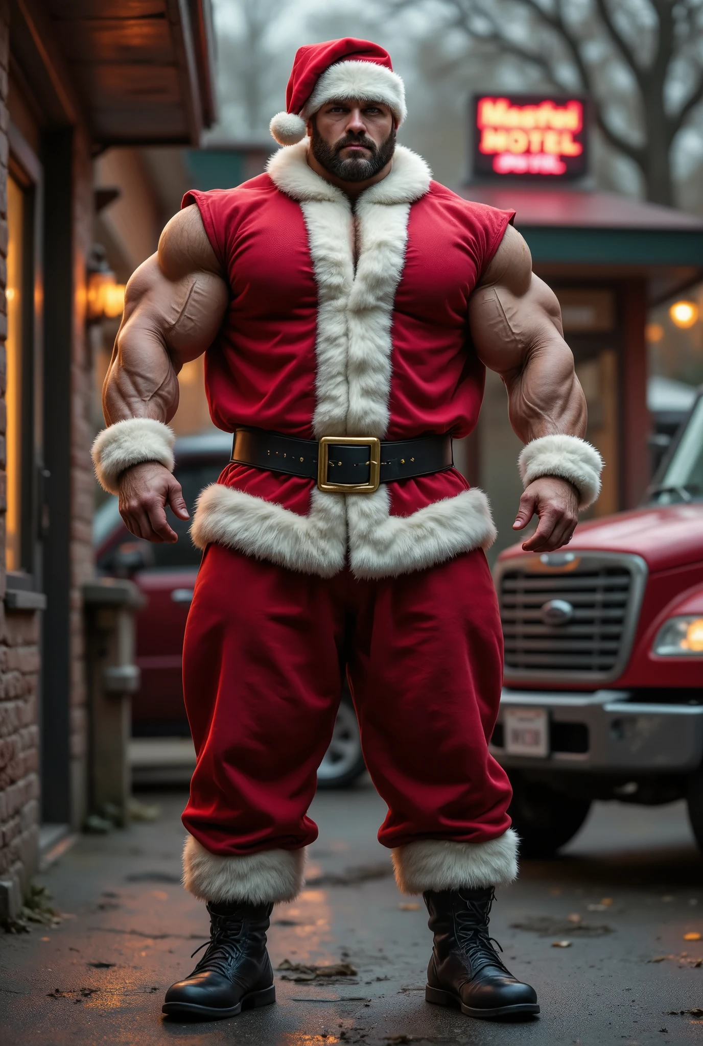 masterpiece, ((MOVIE POSTER)) best quality, high resolution,(1man,solo,male) ((anatomically correct)) DETAIL EYES, WITH HUGE TORSO, HUGE PECS, HUGE ARMS, HUGE ASS, HUGE THIGH, HUGE BULGE, INTRICATE DETAIL, SEXY POSE GAY BASE MODEL, HOMOEROTIC  (((MASSIVE ASS)))) ((SEXY POSE)) ((WEAR RED JOCKSTRAP)) ((BDSM GEAR, CHAINS, HARNESS, COLLAR, JOCKSTRAP SHOWING VERY HAIRY PUBS GROIN AREA, BULGE, LEATHER BOOTS)) | (HANDSOME BLONDE MEN) SMILE ((RED NOBLE SANTA CLAUS COSTUME)) (RED THEME COLOR) | (IN THE: WINTER NIGHT IN ROYAL POLE ) (BACKGROUND IS: CITY IN CHRISTMAS EVENING, CHRISTMAS TREE IN THE BACK) | GOLDEN HOUR with a SUN in the center, ((BOKEH)), (((BOKEH LIGHT))) DEEP OF FIELD, UHD, masterpiece, anatomically correct, super detail, high details, high quality, highres, best quality, award winning, 1080P, HD, 4K, amazing composition, front view, HDR, volumetric lighting, ultra quality, elegant, highly detailed , PSD, Sharp Focus, High resolution 8K, realisitic & Professional Photography, 8K UHD, Soft lighting, High quality, Film grain, FujifilmXT3,high-quality, ultra-detailed illustrations, ultra-high resolution, (high resolution,overwhelmingly pixel-perfect,luxurious illustration), (Ultra Quality, Masterpiece, Ethereal:1.4) photorealistic:.1.4, UHD (8k, RAW photo, best quality, masterpiece:1.2),(realistic, photo-realistic:1.37)