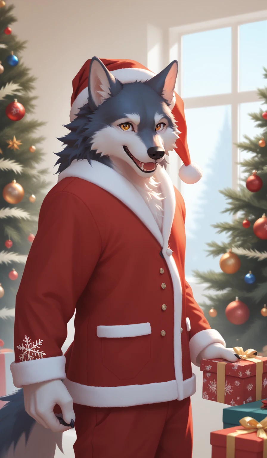 (solo), ((realistic)), anthro, tall body, ((wolf)), christmas hat, ((christmas tree)), , clothed, happy, cute, (looking_at_the_sky:!.7) (cry:1.5), sfw, kemono, fluffy,