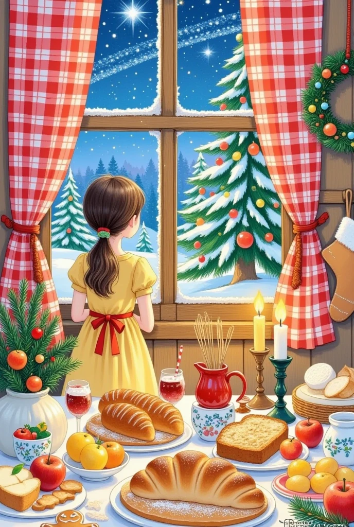 Christmas illustration ，Plaid curtains ， Kitchen table with bread 、cake、Candle、glass、Christmas tree、Gingerbread Man、 apples、tableware、 with socks and Christmas wreaths hanging on the wall。Girl&#39;s back。Meteor shower outside the window 