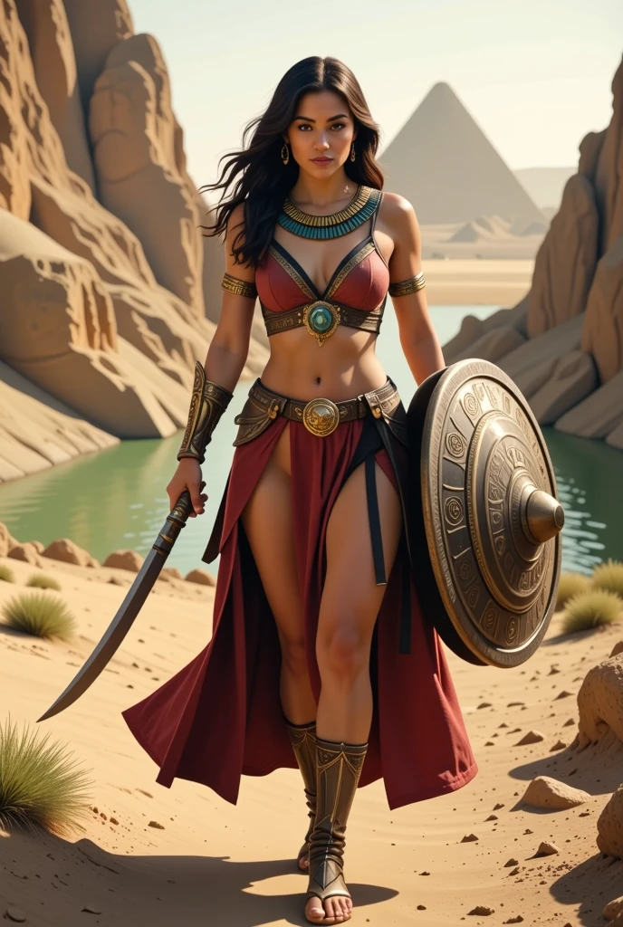 A 3D ultra-realistic scene in 8K resolution featuring a stunning 3rd-century Iraqi warrior girl walking with poise and strength. She wears traditional armor inspired by ancient Mesopotamian designs, crafted from bronze and leather, adorned with intricate patterns in gold and turquoise. Her attire includes a decorated tunic with Sumerian motifs and a flowing cape. In her right hand, she grips a traditional Iraqi scimitar, its curved blade gleaming with sharp precision, while in her left hand, she holds a large, circular shield, decorated with ancient Mesopotamian symbols.

The background features the historic landscapes of Iraq, with ancient ziggurats, arid plains, and the Tigris River flowing nearby. Cinematic lighting highlights her armor, sword, shield, and powerful presence, capturing the essence of beauty, strength, and cultural pride.
