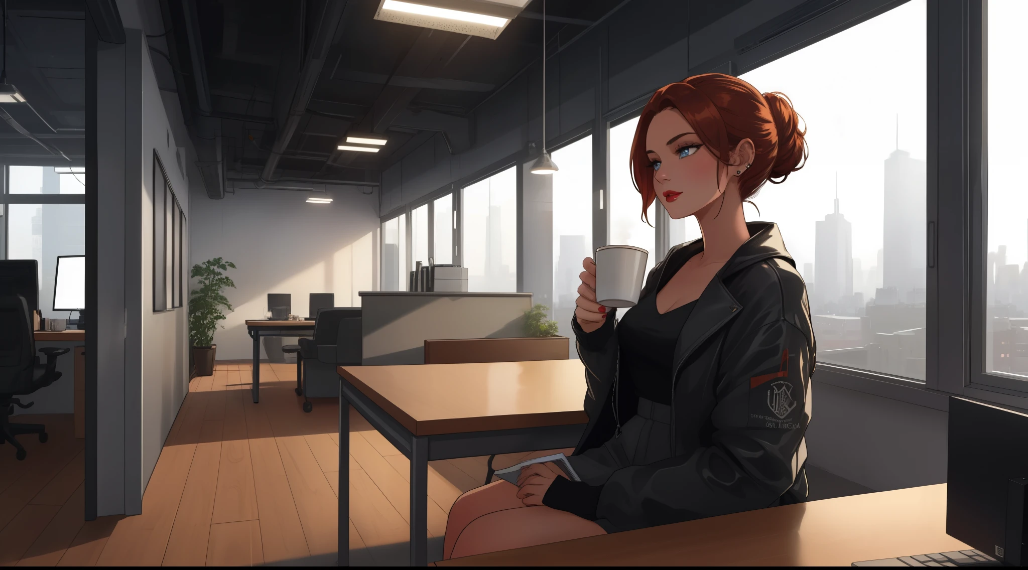 award-winning photo from waist up, portrait of a girl, redhead, freckles is sitting on a balcony, cyberpunk white shirt with V-neckline, breast visible through white T-shirt, slate atmosphere, cinematic, faded colors, dark shot, no sound colors, grainy film, insane details, intricate details, hyperdetailed, close-up, twilight, cyberpunk city background