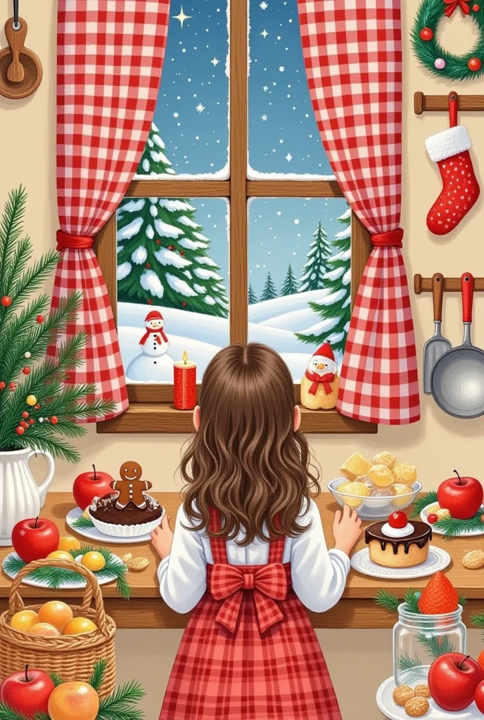 Christmas illustration ，Plaid curtains ， Kitchen table with bread 、cake、Candle、glass、Christmas tree、Gingerbread Man、 apples、tableware、 Hanging socks and Christmas wreaths on the wall。Girl&#39;s back。Meteor shower and snowman outside the window