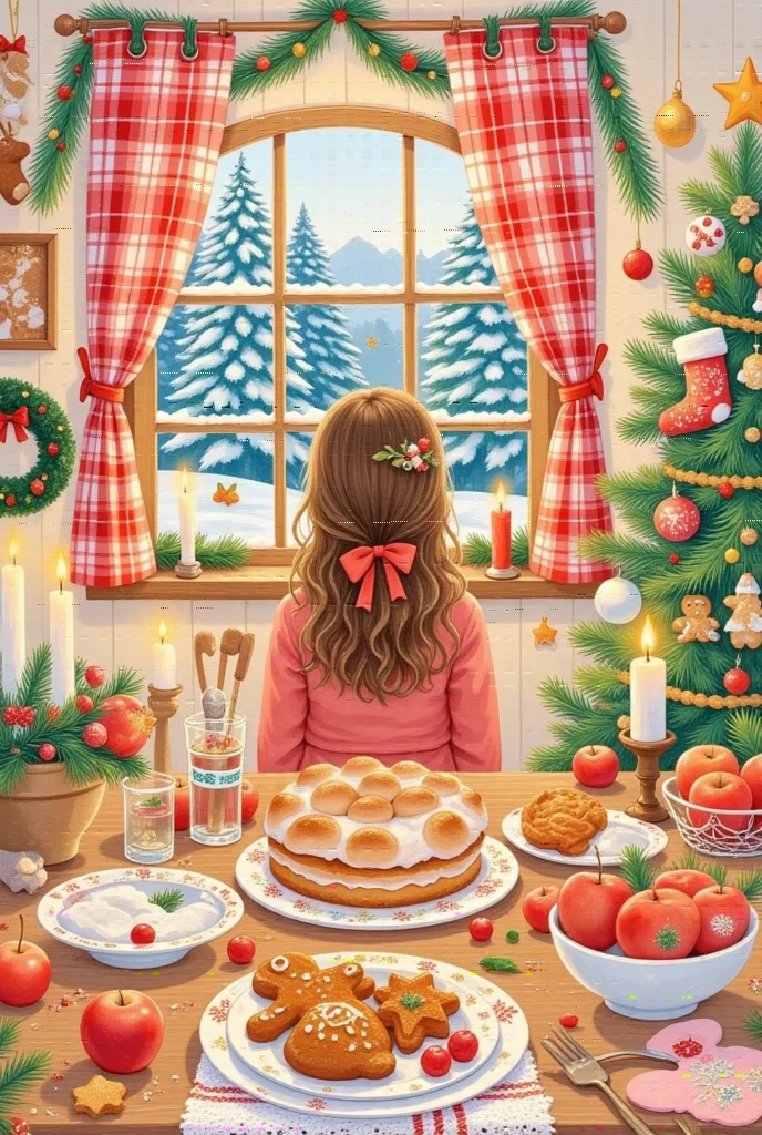 Christmas illustration ，Plaid curtains ， Kitchen table with bread 、cake、Candle、glass、Christmas tree、Gingerbread Man、 apples、tableware、 with socks and Christmas wreaths hanging on the wall。Girl&#39;s back。Artist's signature in the bottom right corner"Jennie"