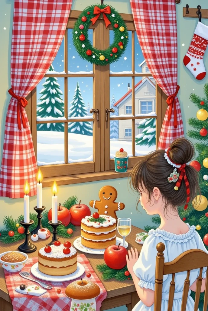 Christmas illustration ，Plaid curtains ， Kitchen table with bread 、cake、Candle、glass、Christmas tree、Gingerbread Man、 apples、tableware、 with socks and Christmas wreaths hanging on the wall。Girl&#39;s back。Artist's signature in the bottom right corner"Jennie"