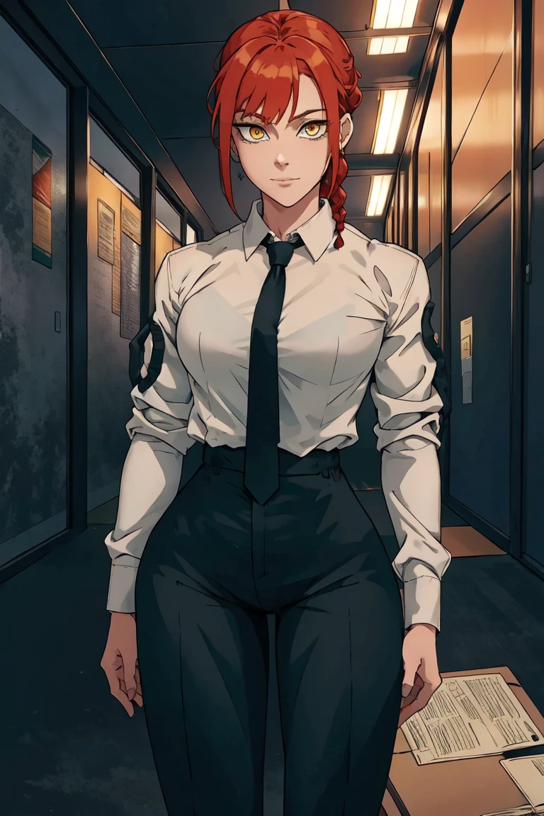 masterpiece,best quality,extreme detail,8k,makima2,1girl,solo,red hair,yellow eyes,ringed eyes,braided ponytail,With jacket: shirt,long sleeves,jacket,white shirt,necktie,collared shirt,pants,black jacket,black pants,formal,suit,black necktie,shirt tucked in,office lady,