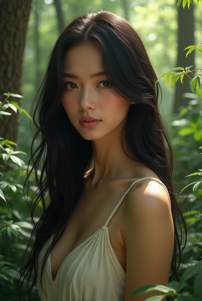 Photorealistic portrait of an 18 year old Korean woman with long flowing black hair, porcelain skin, and charming blue eyes. She is standing in the middle of a beautiful forest, posing sexy next to a tree, naked, showing breasts, large size 39B breasts, white armpits, vagina, bathed in the warm afternoon sunlight, her expression is seductive and inviting, captured in stunning 8K HDR detail.