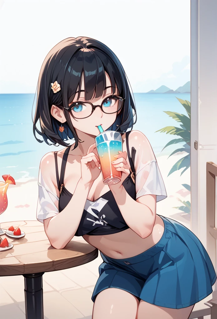 Black hair, glasses, drinking party