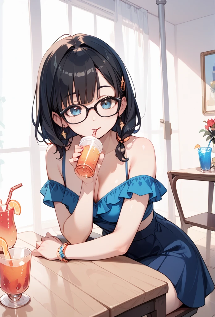 Black hair, glasses, drinking party