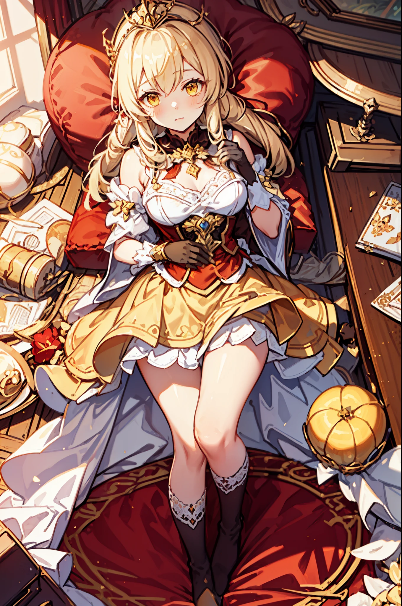 Girl, charming,gorgeous,In Love ,sacred,( Yellow and White Princess Skirt :1.3),blond,klee, red eyes, Minimalism , Multi-layer exquisite ruffles ,Lots of Lace,( Lines on clothes :1.2),( Exquisite clothing :1.1),(Multi-layer Skirt ),Princess Crown, Perspective tulle garment , Beautiful detailed face , Bedroom scene in Western mythology, movie lights ,night,Single, Metallic Decoration ,lace,(shine:1.2), ( Best Quality ), (masterpiece:1.2)