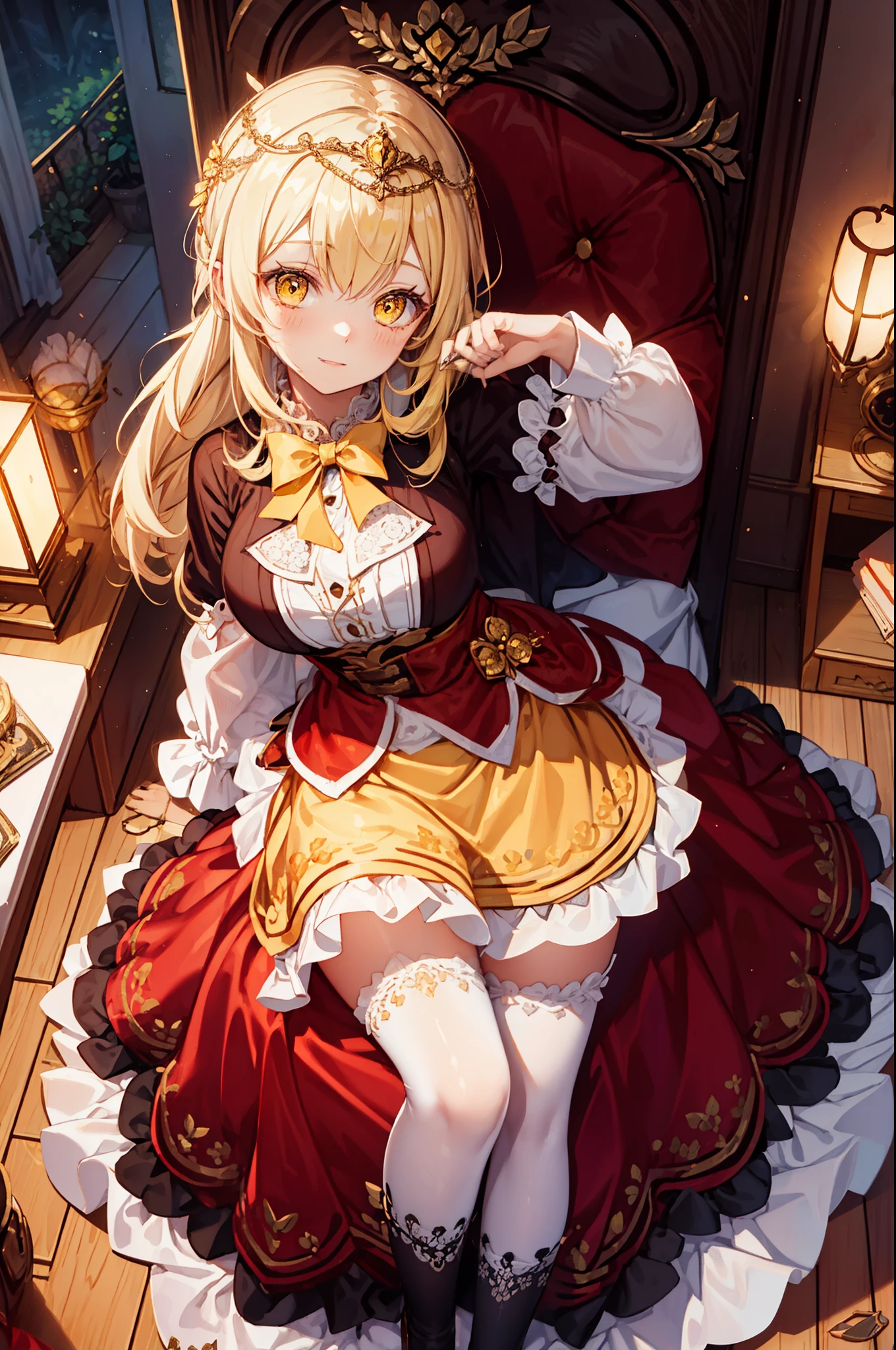 Girl, charming,gorgeous,In Love ,sacred,( Yellow and White Princess Skirt :1.3),blond,klee, red eyes, Minimalism , Multi-layer exquisite ruffles ,Lots of Lace,( Lines on clothes :1.2),( Exquisite clothing :1.1),(Multi-layer Skirt ),Princess Crown, Perspective tulle garment , Beautiful detailed face , Bedroom scene in Western mythology, movie lights ,night,Single, Metallic Decoration ,lace,(shine:1.2), ( Best Quality ), (masterpiece:1.2)
