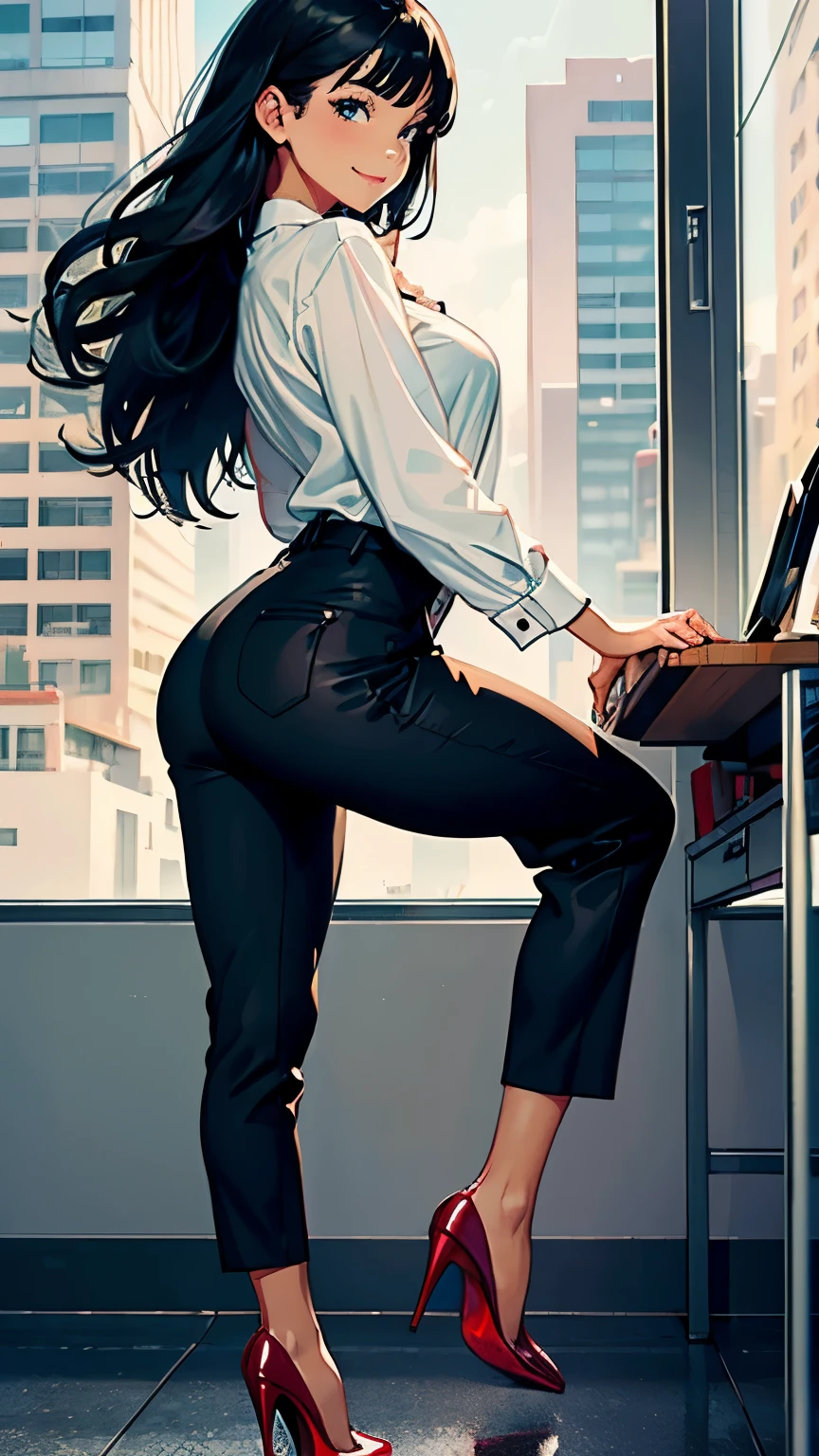 ((masterpiece, high resolution, better quality, better details)), ((Smiling)), ((one girl)) a girl speaking on the phone at a desk, full body, wearing a button-up blouse and wide-leg trousers, ((Louboutin high heels)), visible high heels, green eyes, ((black hair, long hair)), shiny skin, ((behind view)), solo, from behind, full body, focus full body, business casual, surrounded by office supplies