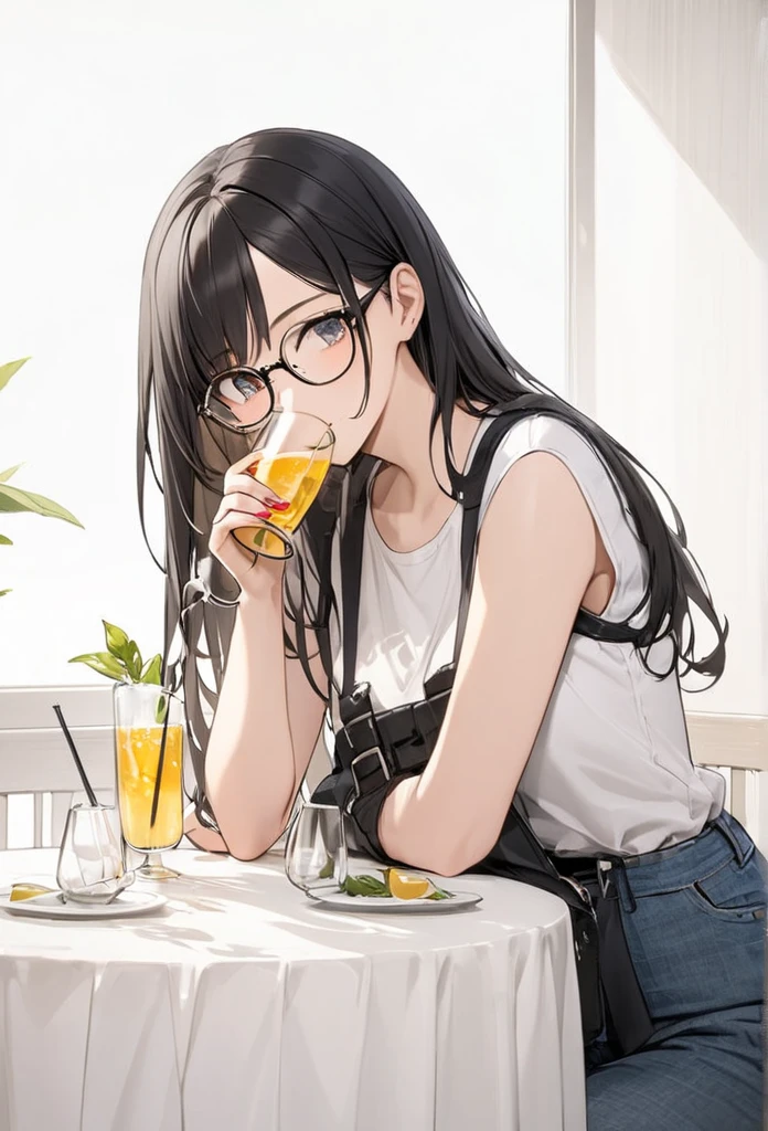 Black hair, glasses, drinking party