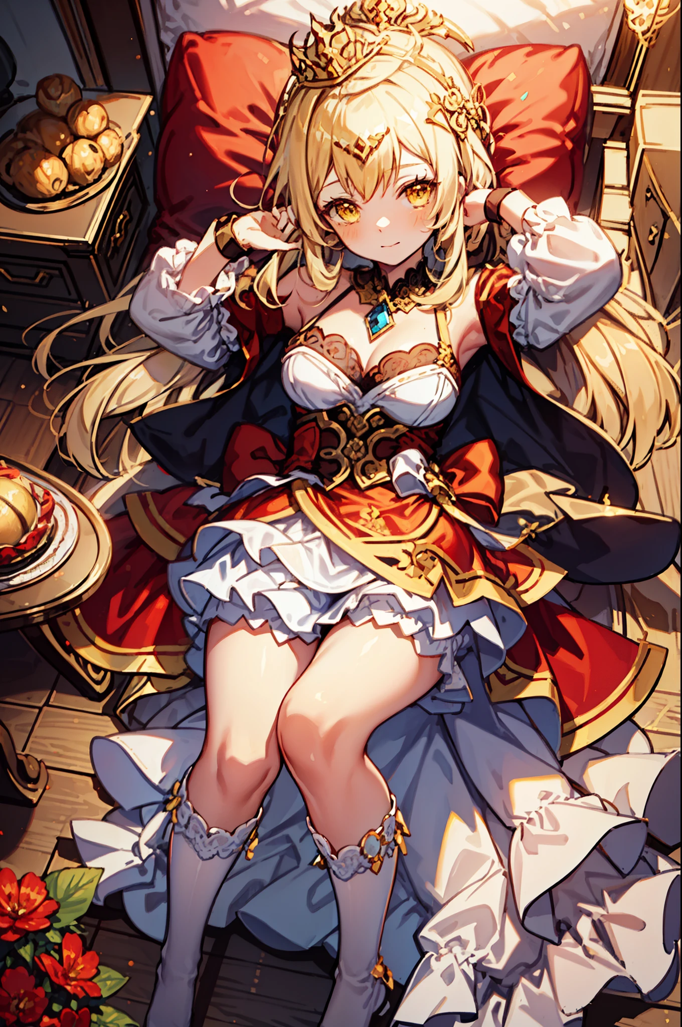 Girl, charming,gorgeous,In Love ,sacred,( Yellow and White Princess Skirt :1.3),blond,klee, red eyes, Minimalism , Multi-layer exquisite ruffles ,Lots of Lace,( Lines on clothes :1.2),( Exquisite clothing :1.1),(Multi-layer Skirt ),Princess Crown, Perspective tulle garment , Beautiful detailed face , Bedroom scene in Western mythology, movie lights ,night,Single, Metallic Decoration ,lace,(shine:1.2), ( Best Quality ), (masterpiece:1.2)