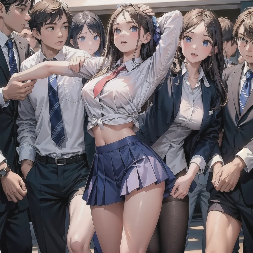(masterpiece,Highest quality:1.3,best quality illustration,realistic),cowboy shot,1woman,20 year old Japanese beauty,((very small head:1.3)),Long brown hair,bangs,brown eyes,gorgeous eyes,blush,smile,small breasts,(very long bod:1.3),(toned body,slender body,skinny,tan skin),(Navy uniform navy blue blazer jacket、White Shirt、Navy blue tie、Navy blue tight mini skirt),gleaming skin,shiny skin,sweat,standing,Naval Base、Tokyo、