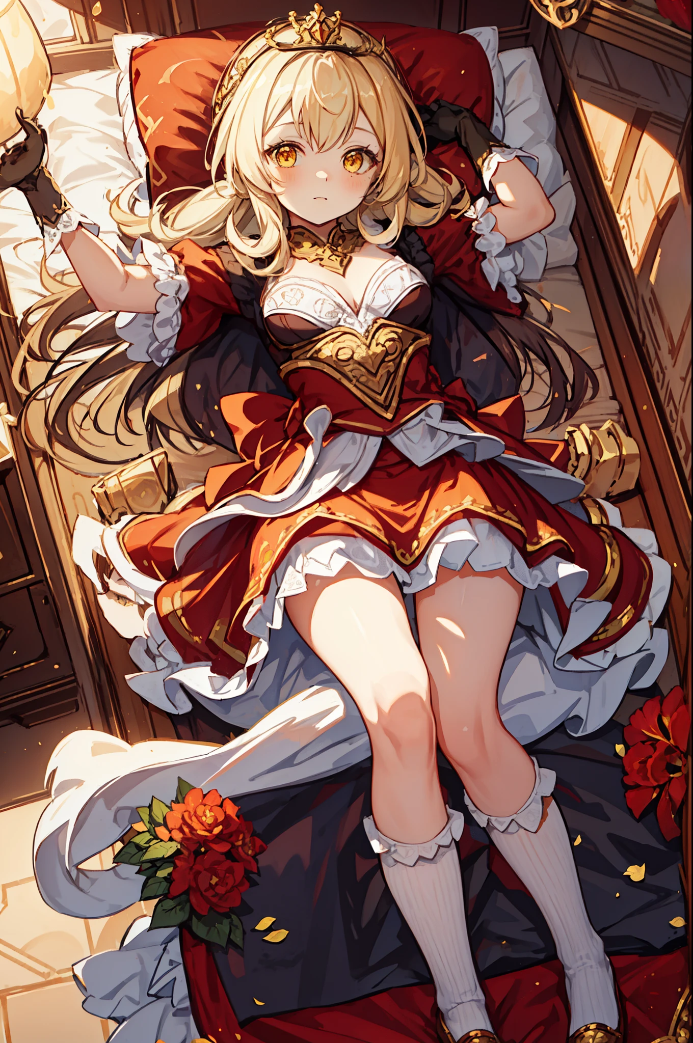 Girl, charming,gorgeous,In Love ,sacred,( Yellow and White Princess Skirt :1.3),blond,klee, red eyes, Minimalism , Multi-layer exquisite ruffles ,Lots of Lace,( Lines on clothes :1.2),( Exquisite clothing :1.1),(Multi-layer Skirt ),Princess Crown, Perspective tulle garment , Beautiful detailed face , Bedroom scene in Western mythology, movie lights ,night,Single, Metallic Decoration ,lace,(shine:1.2), ( Best Quality ), (masterpiece:1.2)
