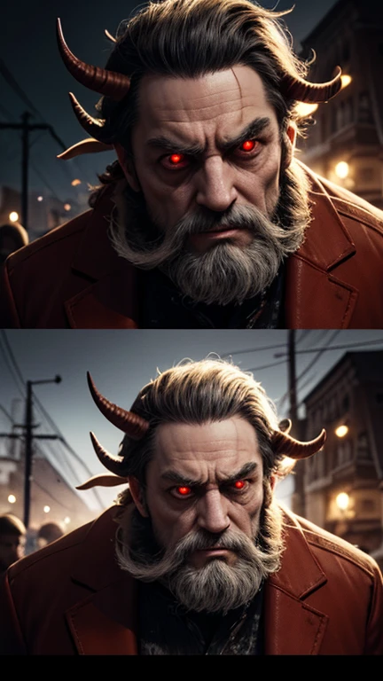 A realistic fantasy-horror movie with a strong focus on contrasts between light and shadow. The scene features a demonic Krampus, depicted in intricate detail with a white, wild beard, glowing red eyes, and twisted horns. His tattered red-grey suit is worn and textured with realistic details of fabric and weathering. The color palette is dominated by dark, cool tones like brown, gray, and black, punctuated by warm.