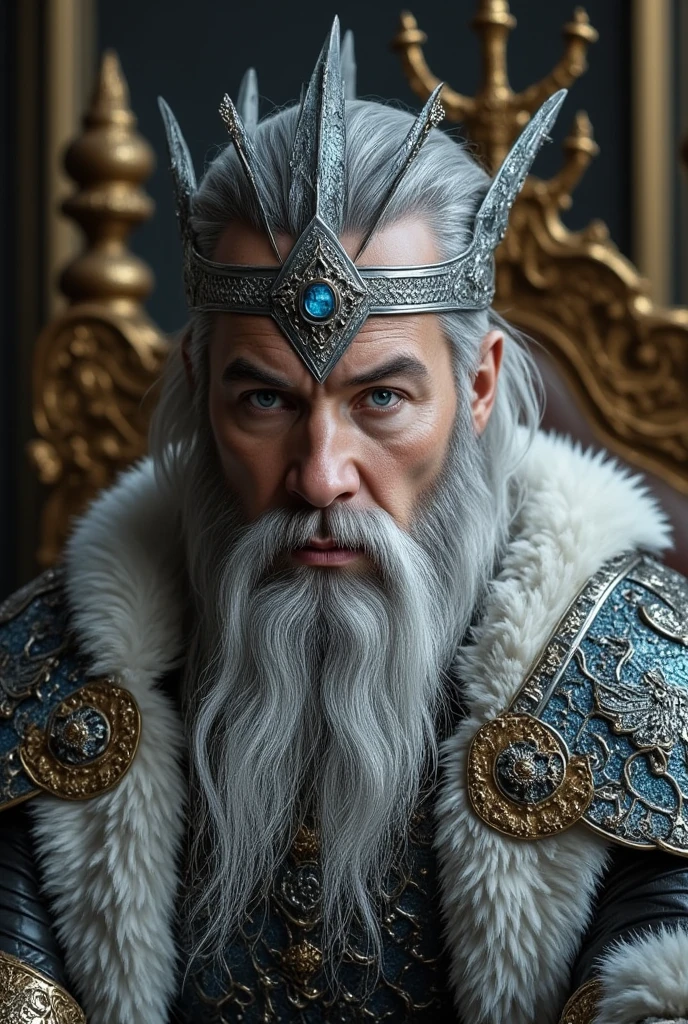 Realistic Photo of young warrior viking king, wearing steel scale armor, white wolf fur coar, silver crown with sapphires, winged crown, crown with silver wings, blue eyes, silver grey hair, short hair, silver grey long beard, squared jaw, rugged facial fratures, long face, intense intimidating gaze, thin nose, closeup, seating on a silver throne, on a Bizantine mediterranean throne room