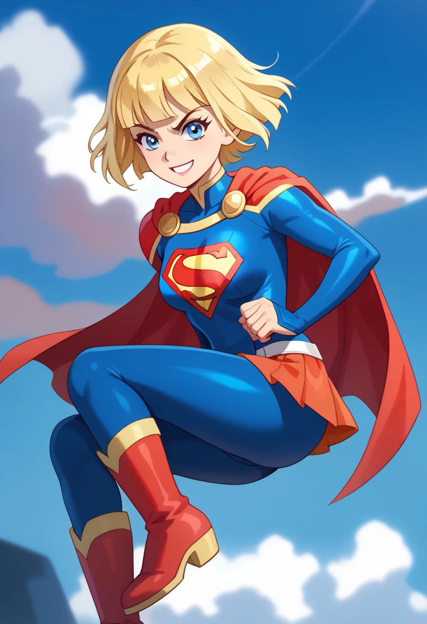 Emma Hanes shines with confidence and vitality in the Supergirl costume, her dynamic energy and enthusiasm perfectly matching the heroic attire. The blue bodysuit adorned with the iconic red and yellow "S" emblem highlights her strong, adventurous spirit. The bold red cape flows dramatically behind her, and the matching red skirt and knee-high red boots complete the ensemble with a touch of classic superhero flair. Her shoulder-length blonde hair falls neatly around her face, with a few strands catching the breeze, adding to her active and lively demeanor. Her bright, determined eyes reflect a playful yet steadfast commitment to doing what's right. Emma’s stance, hands confidently on her hips and a radiant smile on her face, exudes positivity and assurance. In the Supergirl costume, Emma Hanes embodies a youthful and energetic hero who is always ready to tackle challenges head-on. Her presence inspires those around her to stand tall and embrace their inner strength, proving that heroism is as much about spirit as it is about action. Emma Hanes, blonde hair,short hair,blunt bangs,blue eyes, 1girl, solo,