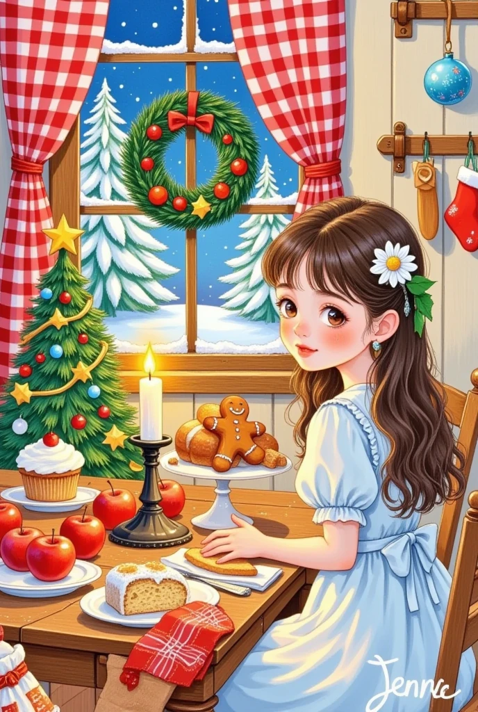 Christmas illustration ，Plaid curtains ， Kitchen table with bread 、cake、Candle、glass、Christmas tree、Gingerbread Man、 apples、tableware、 with socks and Christmas wreaths hanging on the wall。Girl&#39;s back。Artist's signature in the bottom right corner"Jennie"